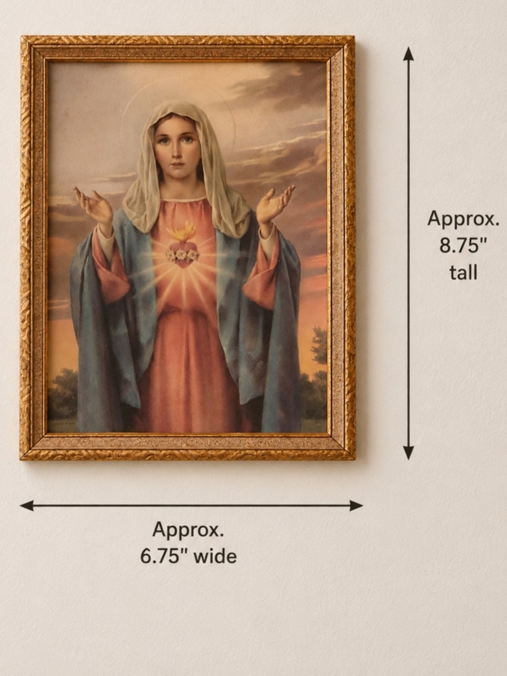 Vintage Catholic Art Immaculate Heart of Mary Print Wood Gold Frame Bedside Wall
